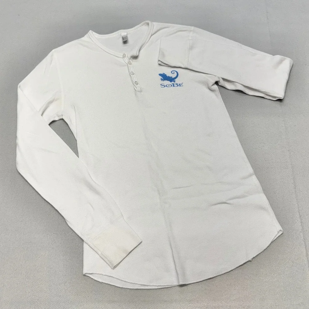 SoBe American Apparel Henley Mens Shirt Medium White Waffle Knit USA VTG